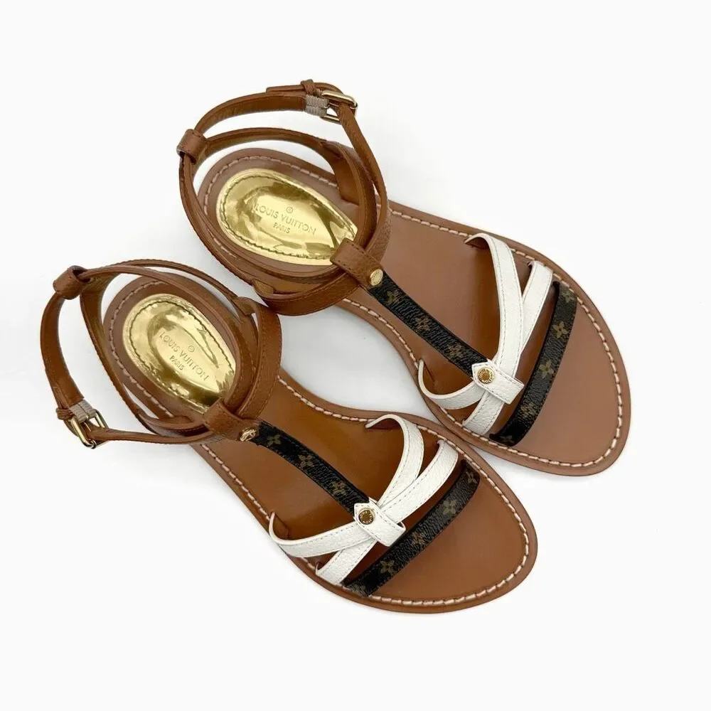 LOUIS VUITTON Explorer Flat Sandal Size 37 Cognac Brown White Monogram Flower